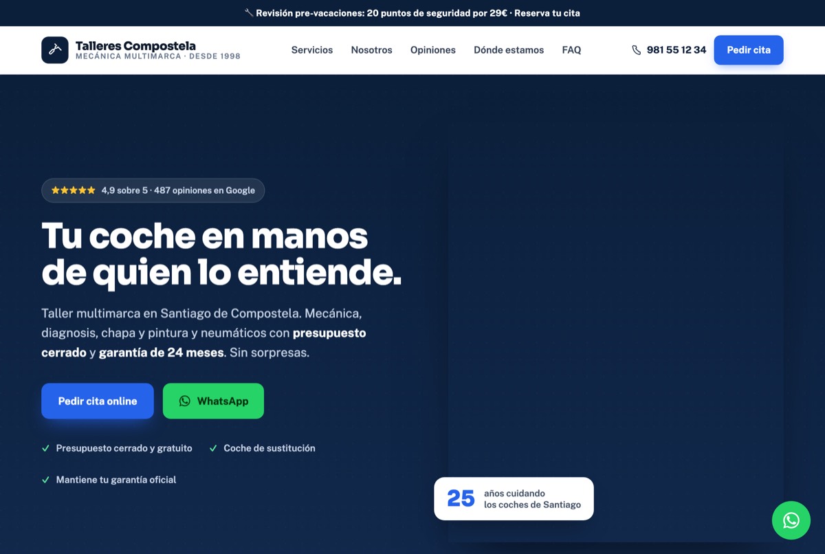 Web de ejemplo de Talleres Compostela: portada oscura con botones de cita online y WhatsApp